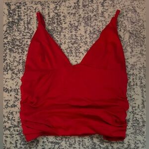 Women’s Sexy Red Crop Top Ruched with Plunging Neckline. Size Large.